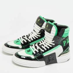 Pre Owned Philipp Plein Phantom Kicks Size 40 Tricolor Leather and Patent High Top Sneakers