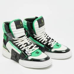 Pre Owned Philipp Plein Phantom Kicks Size 40 Tricolor Leather and Patent High Top Sneakers