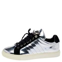 Philipp Plein Silver /Black Leather And Suede Low Top Sneakers Size 41