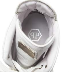 Philipp Plein White Leather Embossed Skull High-Top Sneakers Size 42