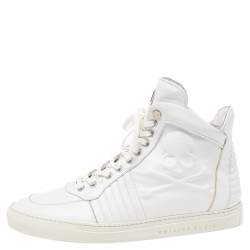 Philipp Plein White Leather Embossed Skull High-Top Sneakers Size 42