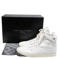 Philipp Plein White Leather Embossed Skull High-Top Sneakers Size 42