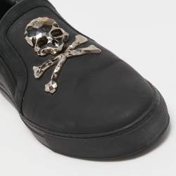 Philipp Plein Black Leather Skull Slip On Sneakers Size 41