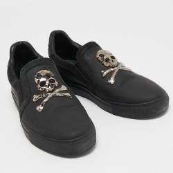 Philipp Plein Black Leather Skull Slip On Sneakers Size 41