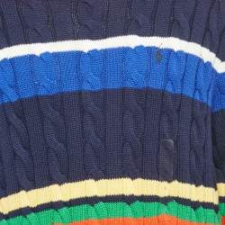 Pre Owned Polo Ralph Lauren Blue Striped Cable Knit Sweater L