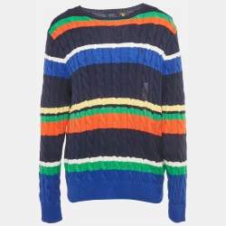 Pre Owned Polo Ralph Lauren Blue Striped Cable Knit Sweater L