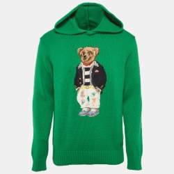 Pre Owned سترة بولو رالف لورين خضراء محبوكة بتصميم دمية مدمج مع غطاء رأس مقاس متوسط - ميديم