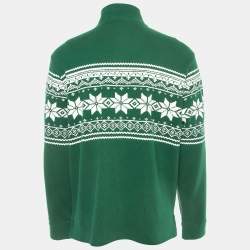 Pre Owned Polo Ralph Lauren Green Cotton Printed Zip-Up Sweater L