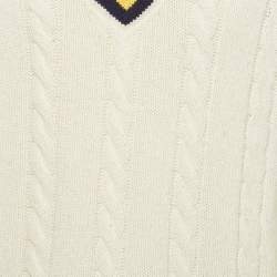 Pre Owned Polo Ralph Lauren Off-White Varsity Cricket Striped Cable Knit Sweater L
