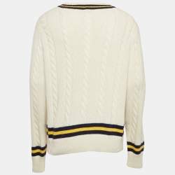 Pre Owned Polo Ralph Lauren Off-White Varsity Cricket Striped Cable Knit Sweater L