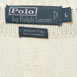 Pre Owned Polo Ralph Lauren Off-White Varsity Cricket Striped Cable Knit Sweater L