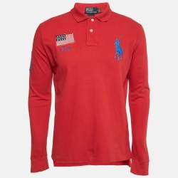 Pre Owned تي شيرت بولو رالف لورين كوتون أحمر فينتاج مطرز مقاس صغير