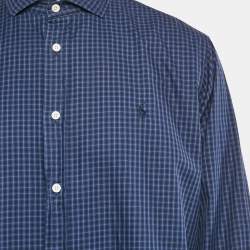 Pre Owned Polo Ralph Lauren Navy Blue Plaid Cotton Button Front Shirt XL