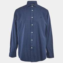 Pre Owned Polo Ralph Lauren Navy Blue Plaid Cotton Button Front Shirt XL