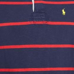 Pre Owned Polo Ralph Lauren Navy Blue Striped Cotton Polo T-Shirt M