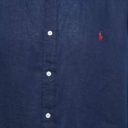 Pre Owned قميص بولو رالف لورين كتان أزرق بحري بأكمام كاملة مقاس ضخم جدًا