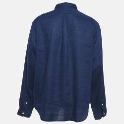 Pre Owned قميص بولو رالف لورين كتان أزرق بحري بأكمام كاملة مقاس ضخم جدًا