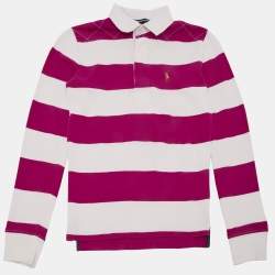 Pre Owned Ralph Lauren Sport Pink/White Striped Jersey Long Sleeve Polo T-Shirt S
