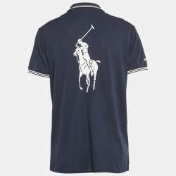 Pre Owned Polo Ralph Lauren Navy Blue Logo Print Jersey Polo T-Shirt L