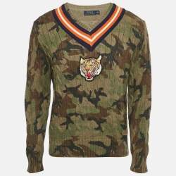 Pre Owned Polo Ralph Lauren Green Camouflage Tiger Applique Knit Pullover M