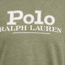 مملوكة مسبقًا تي شيرت بولو رالف لورين قطن محبوك بطباعة شعار زيتي مقاس وسط