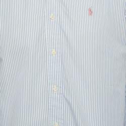 Pre Owned قميص بولو رالف لورين قطن مقلم أزرق بأكمام طويلة مقاس متوسط