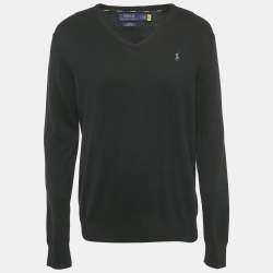 مملوكة مسبقًا Polo Ralph Lauren Black Logo Embroidered Cotton V-Neck Sweater L