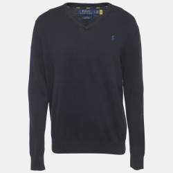 مملوكة مسبقًا Polo Ralph Lauren Navy Blue Cotton Knit V-Neck Sweater L