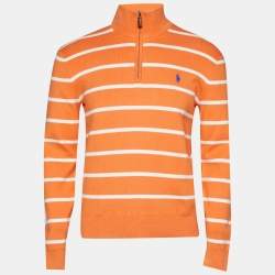 Pre Owned تي شيرت سحاب أمامي حياكة قطن مقلم برتقالي بولو رالف لورين مقاس متوسط