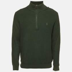 مملوكة مسبقًا Polo Ralph Lauren Green Mesh Knit Cotton Quarter Zip Sweater L