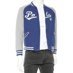 Pre Owned Polo Ralph Lauren Blue & Grey Cotton Knit Logo Embroidered Button Front Jacket L