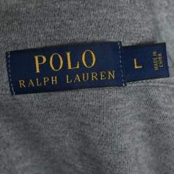 مملوكة مسبقًا بلوفر بولو رالف لورين تريكو رصاصي بأكمام طويلة مطرزة وسحاب أمامي مقاس كبير - لارج