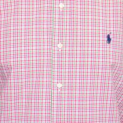 Pre Owned قميص بولو رالف لورين قطن كاروهات وردي بأزرار أمامية مقاس كبير جدًا - إكس لارج