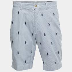 Pre Owned Polo Ralph Lauren Blue Pinstripe All-Over Motif Embroidered Cotton Shorts M Waist 33"