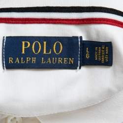 Pre Owned Polo Ralph Lauren White Cotton Knit Stripe Detail Polo T-Shirt L