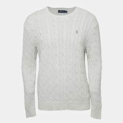 Pre Owned Polo Ralph Lauren Grey Logo Embroidered Cotton Knit Crew Neck Sweater L