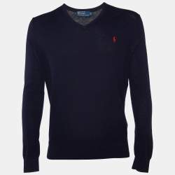 مملوكة مسبقًا Polo Ralph Lauren Navy Blue Cotton & Cashmere V-Neck Jumper M