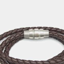 Pre Owned Porsche Design Grooves Brown Leather Stainless Steel Triple Wrap Bracelet