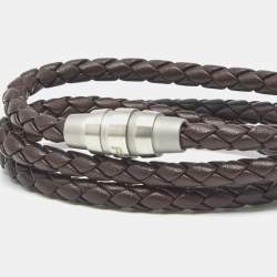 Pre Owned Porsche Design Grooves Brown Leather Stainless Steel Triple Wrap Bracelet