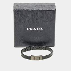 Pre Owned Prada Logo Black Coated and Gunmetal Tone Leather Bracelet