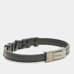 Pre Owned Prada Logo Black Coated and Gunmetal Tone Leather Bracelet
