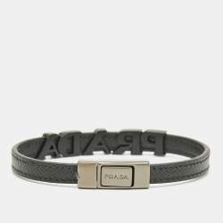 Pre Owned Prada Logo Black Coated and Gunmetal Tone Leather Bracelet