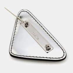 Pre Owned Prada Silver Patent Leather Triangle Logo Brooch