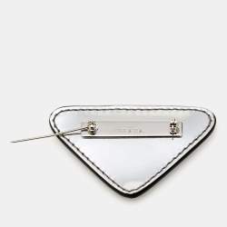 Pre Owned Prada Silver Patent Leather Triangle Logo Brooch