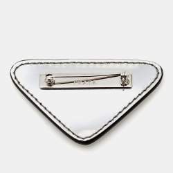 Pre Owned Prada Silver Patent Leather Triangle Logo Brooch