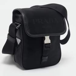 Prada Black Leather and Re-Nylon Flap Messenger Bag