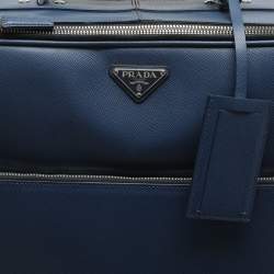 Pre Owned Prada Blue Saffiano Leather Travel Rolling Trolley Luggage