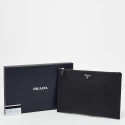 Pre Owned Prada Black Saffiano Lux Leather Zip Slim Pouch