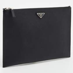 Pre Owned Prada Black Saffiano Lux Leather Zip Slim Pouch