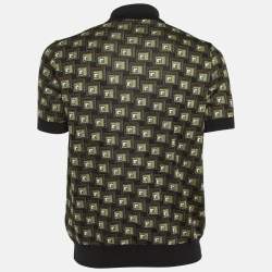 Pre Owned Prada Black/Brown Geometric Pattern Silk & Cotton Polo T-Shirt M